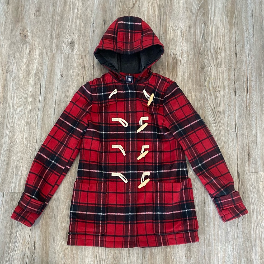 Red Plaid Peacoat with zipper (Toggles for fashion)